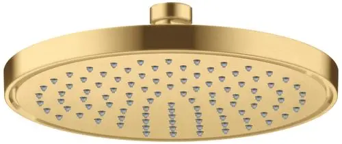 Runde Kopfbrause mit goldfarbener Oberfläche und gleichmäßig angeordneten Düsen. Von AXOR, für modernes Badezimmerdesign geeignet.